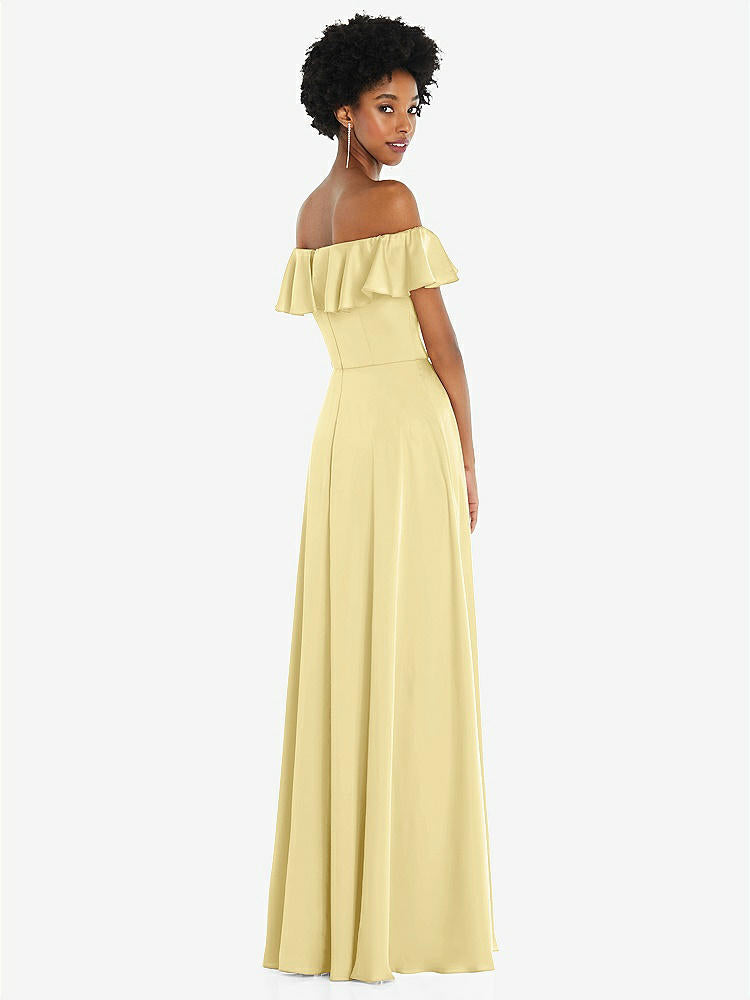 【STYLE: 8227】Straight-Neck Ruffled Off-the-Shoulder Satin Maxi Dress【COLOR: Pale Yellow】