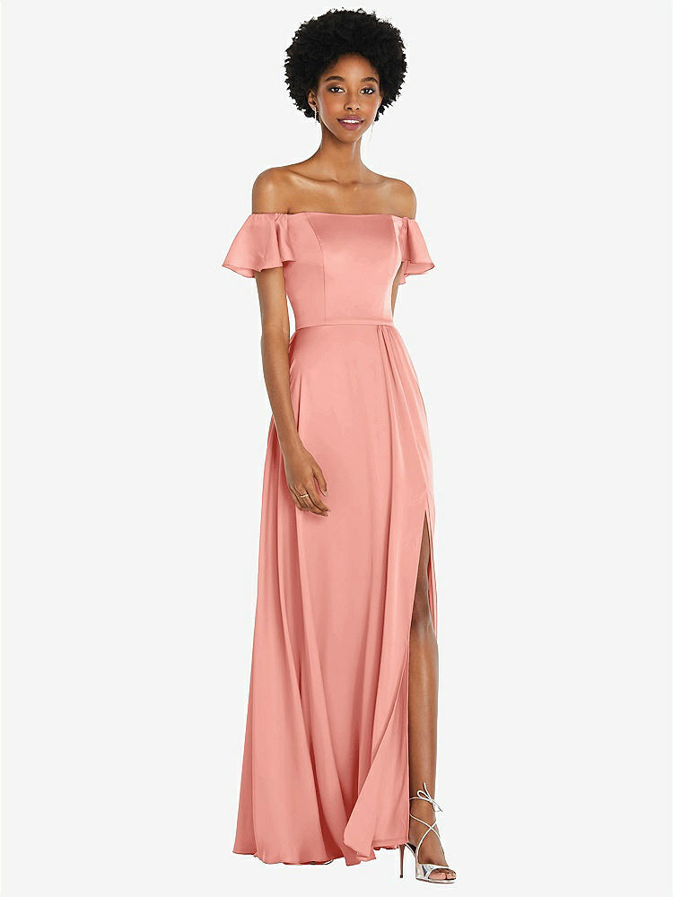 【STYLE: 8227】Straight-Neck Ruffled Off-the-Shoulder Satin Maxi Dress【COLOR: Rose - PANTONE Rose Quartz】