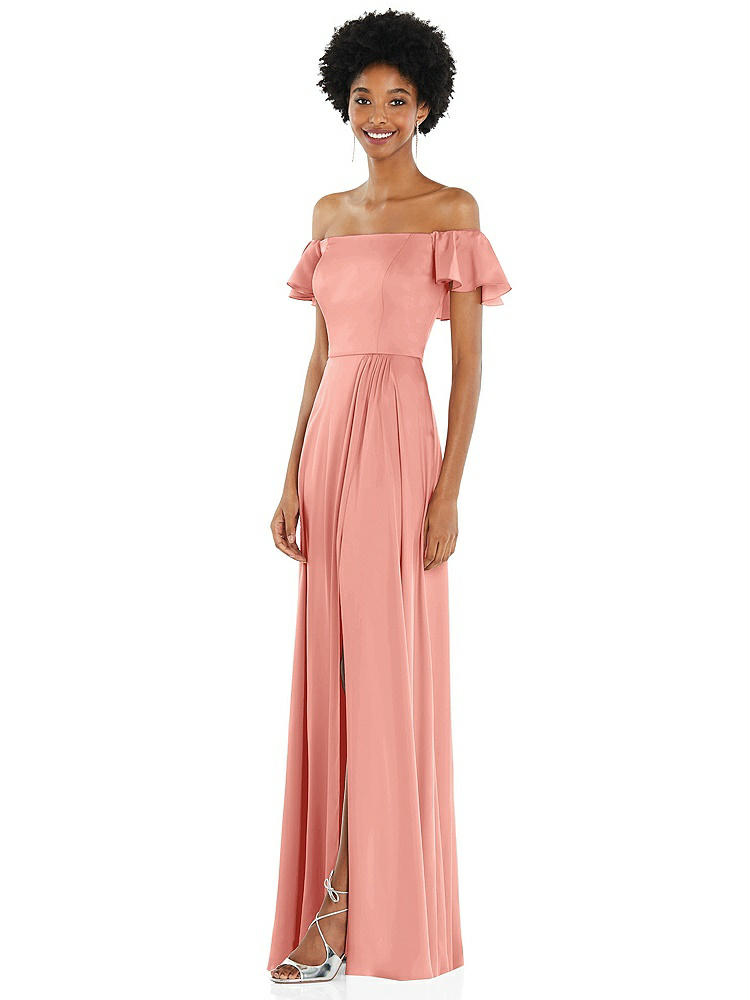 【STYLE: 8227】Straight-Neck Ruffled Off-the-Shoulder Satin Maxi Dress【COLOR: Rose - PANTONE Rose Quartz】