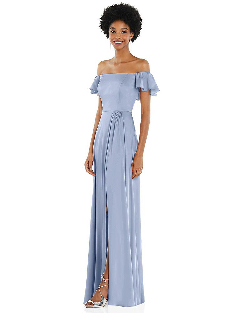 【NEW】【STYLE: 8227】ストレートネック フリル オフショルダー サテン マキシ ドレス【COLOR: Sky Blue】【SIZE: 00-30W】