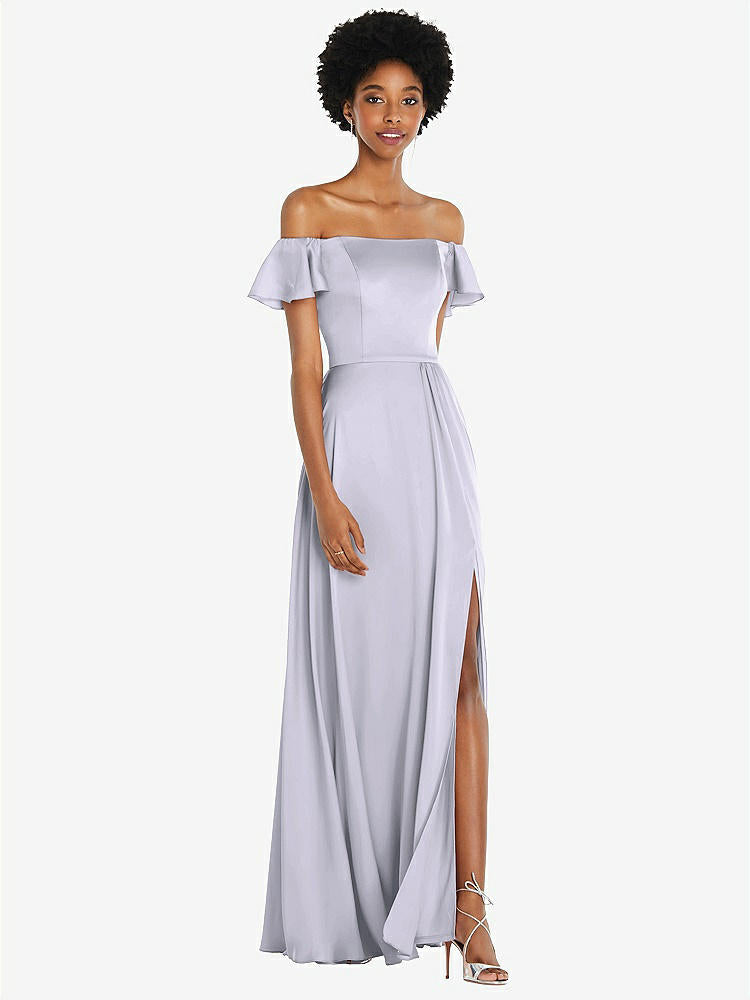【STYLE: 8227】Straight-Neck Ruffled Off-the-Shoulder Satin Maxi Dress【COLOR: Silver Dove】