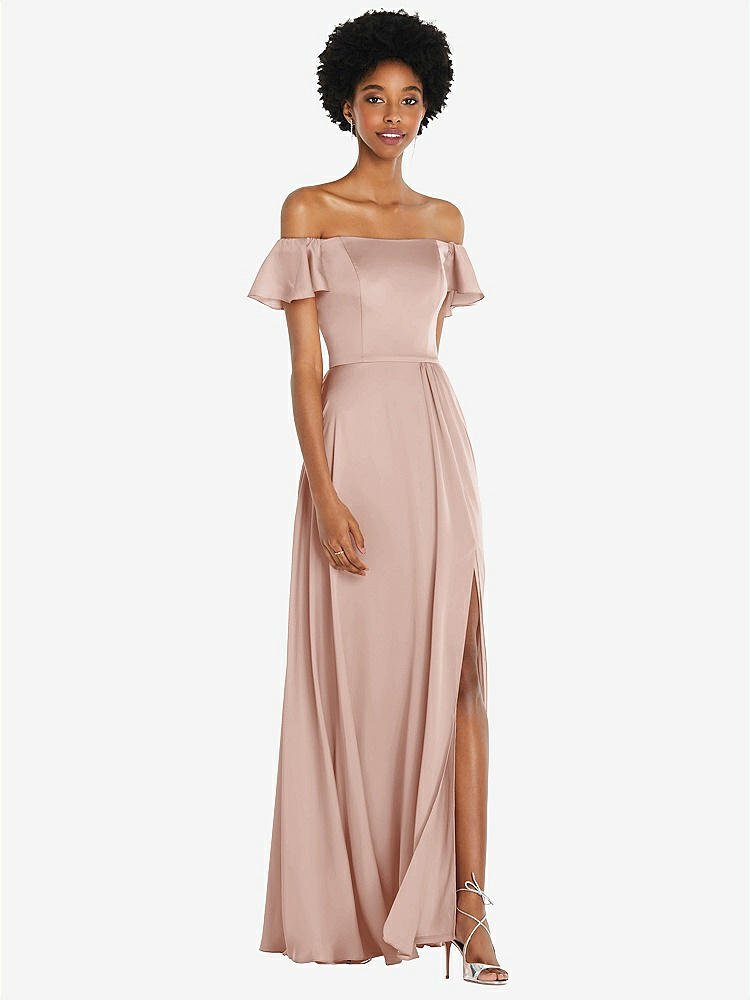 【STYLE: 8227】Straight-Neck Ruffled Off-the-Shoulder Satin Maxi Dress【COLOR: Toasted Sugar】