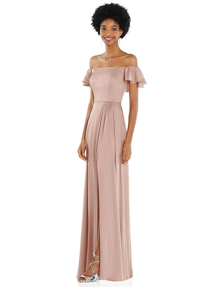 【STYLE: 8227】Straight-Neck Ruffled Off-the-Shoulder Satin Maxi Dress【COLOR: Toasted Sugar】