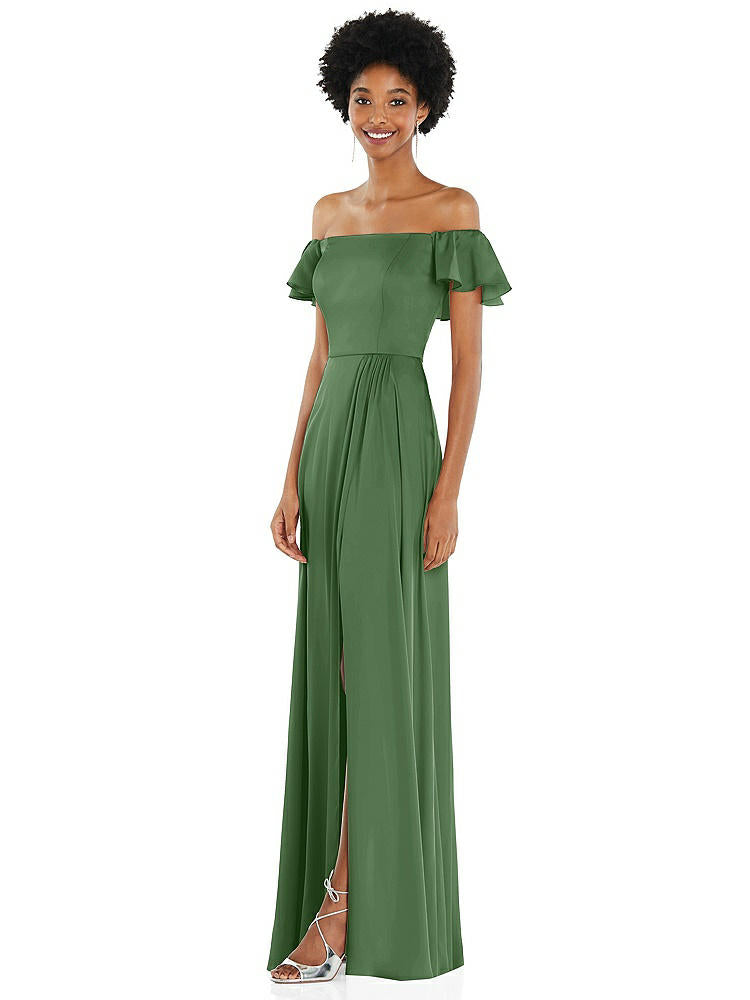 【NEW】【STYLE: 8227】ストレートネック フリル オフショルダー サテン マキシ ドレス【COLOR: Vineyard Green】【SIZE: 00-30W】