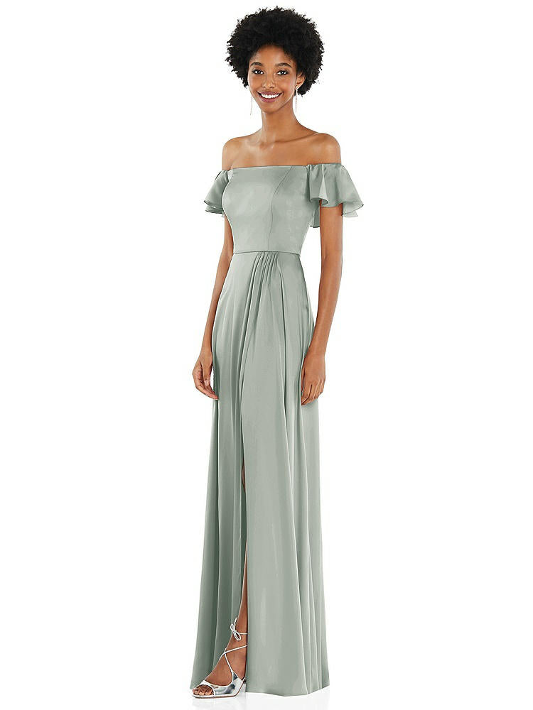【STYLE: 8227】Straight-Neck Ruffled Off-the-Shoulder Satin Maxi Dress【COLOR: Willow Green】