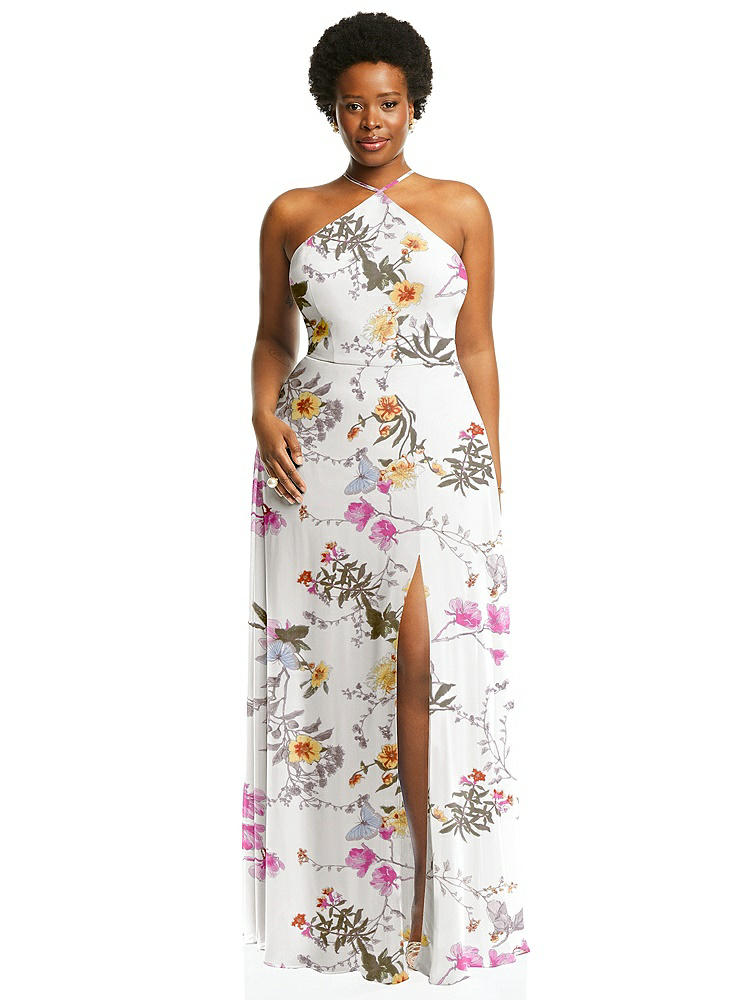 【STYLE: LB035】Diamond Halter Maxi Dress with Adjustable Straps【COLOR: Butterfly Botanica Ivory】