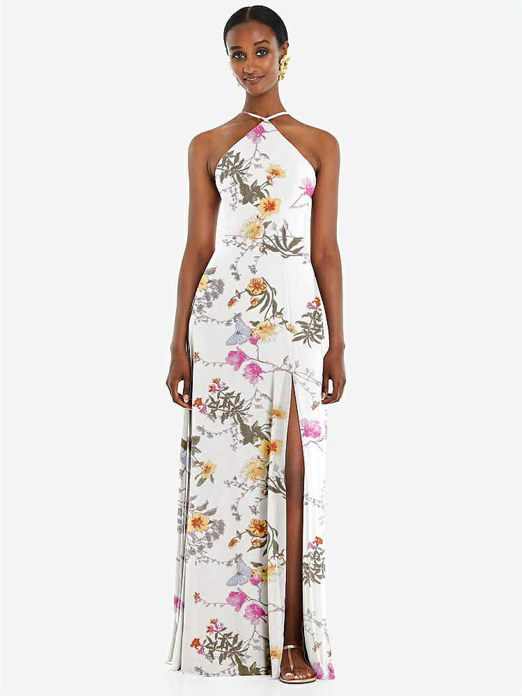 【STYLE: LB035】Diamond Halter Maxi Dress with Adjustable Straps【COLOR: Butterfly Botanica Ivory】