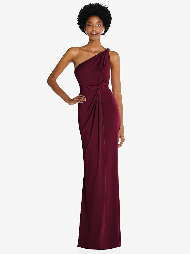 STYLE TH100 One Shoulder Twist Draped Maxi Dress COLOR Cabernet BridesmaidsJP