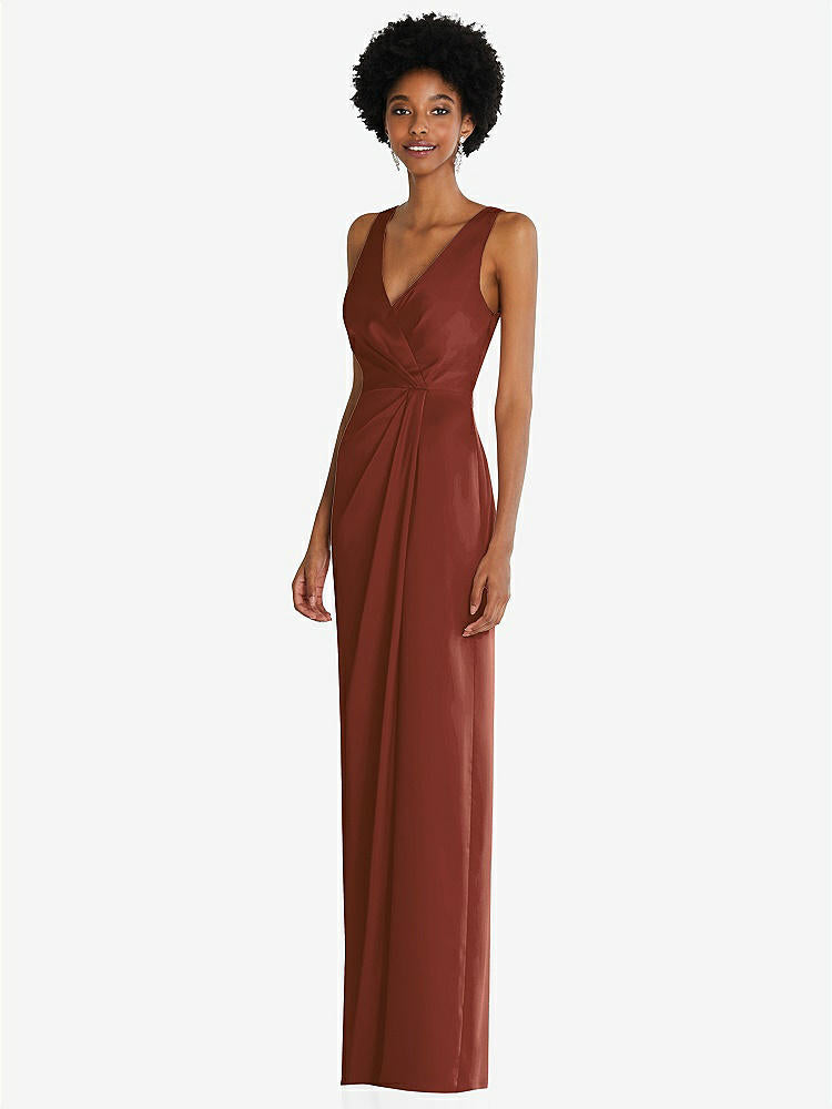 【STYLE: 6864】Faux Wrap Whisper Satin Maxi Dress with Draped Tulip Skirt【COLOR: Auburn Moon】