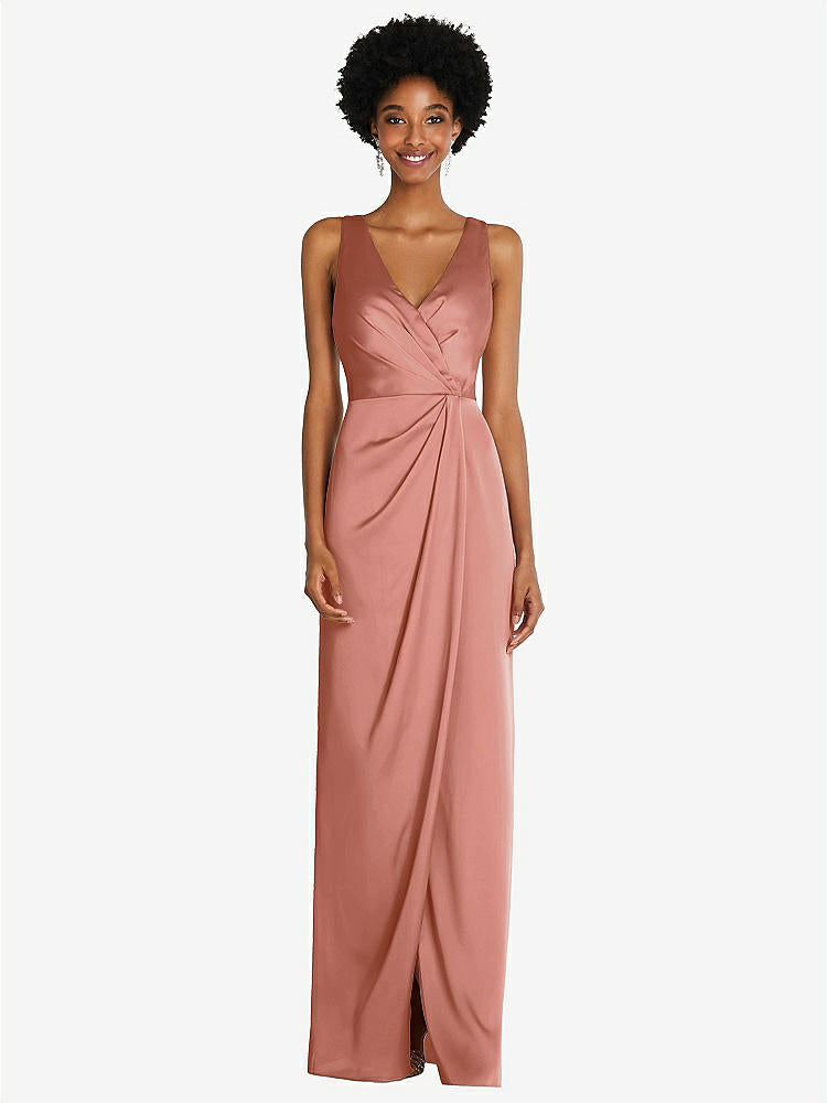 【STYLE: 6864】Faux Wrap Whisper Satin Maxi Dress with Draped Tulip Skirt【COLOR: Desert Rose】
