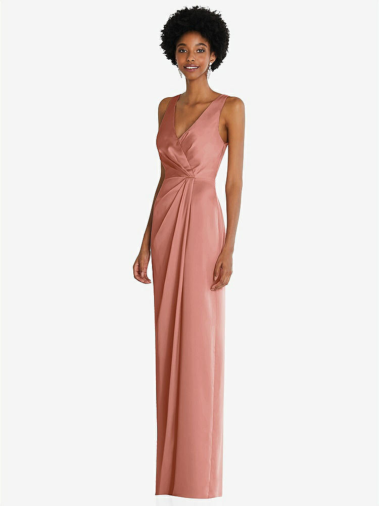 【STYLE: 6864】Faux Wrap Whisper Satin Maxi Dress with Draped Tulip Skirt【COLOR: Desert Rose】