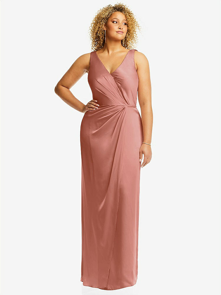 【STYLE: 6864】Faux Wrap Whisper Satin Maxi Dress with Draped Tulip Skirt【COLOR: Desert Rose】