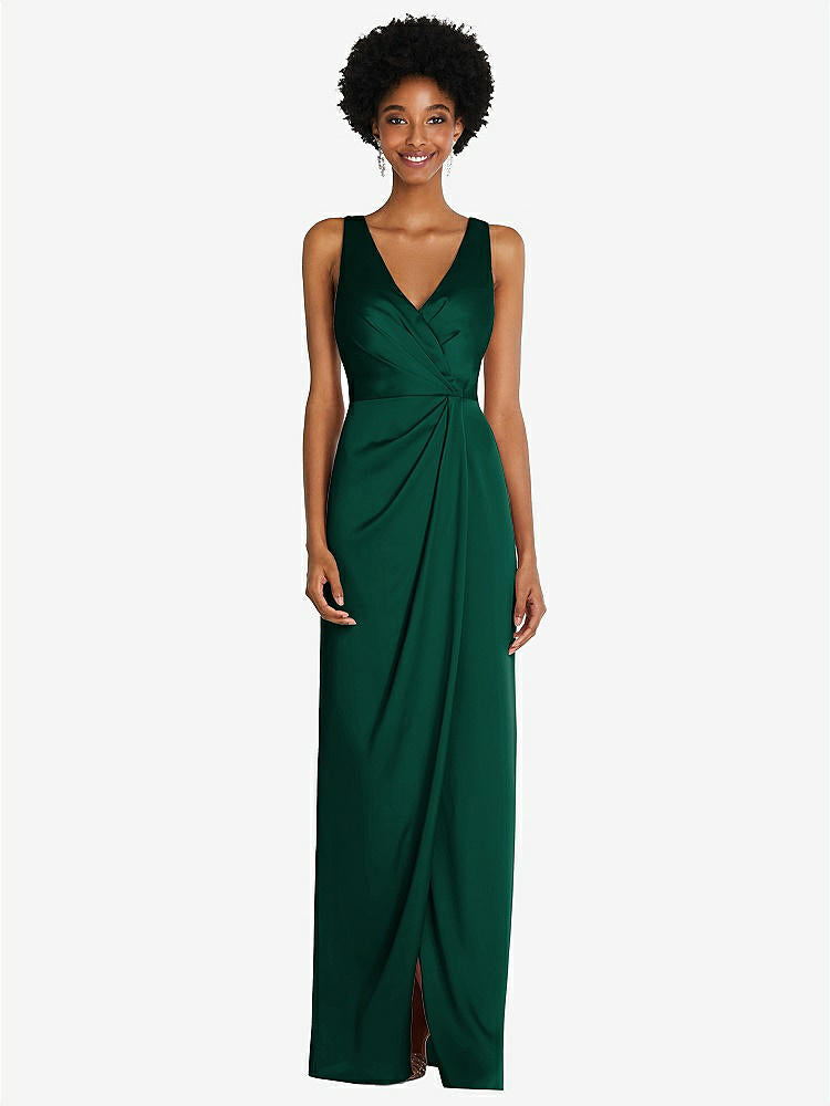 【STYLE: 6864】Faux Wrap Whisper Satin Maxi Dress with Draped Tulip Skirt【COLOR: Hunter Green】