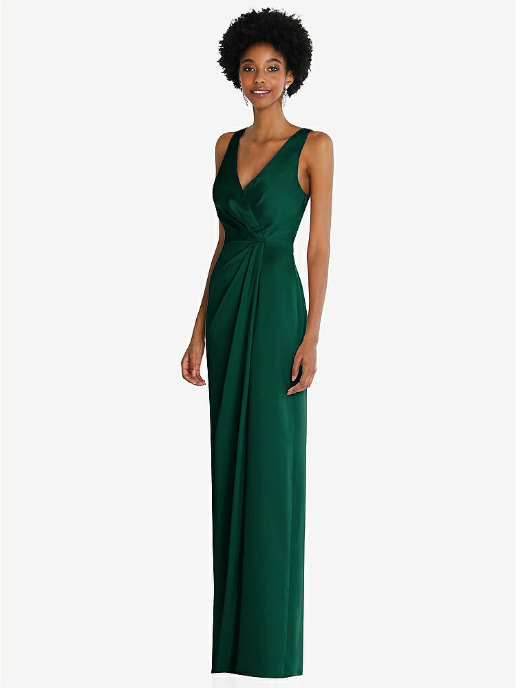 【STYLE: 6864】Faux Wrap Whisper Satin Maxi Dress with Draped Tulip Skirt【COLOR: Hunter Green】