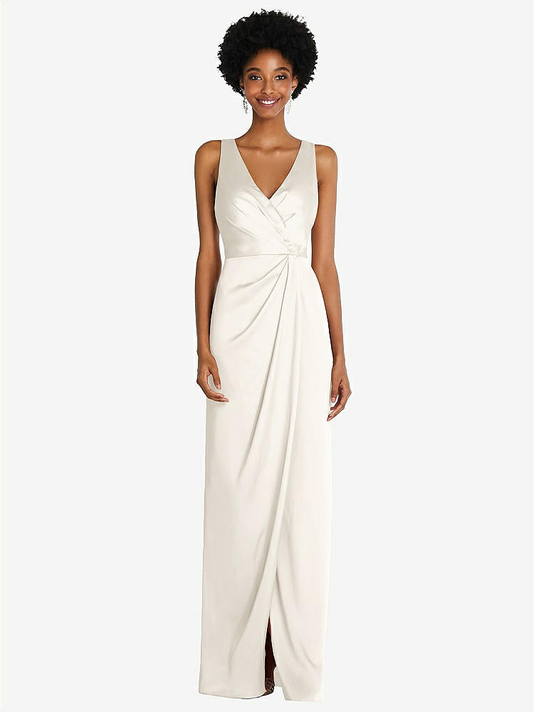 【STYLE: 6864】Faux Wrap Whisper Satin Maxi Dress with Draped Tulip Skirt【COLOR: Ivory】