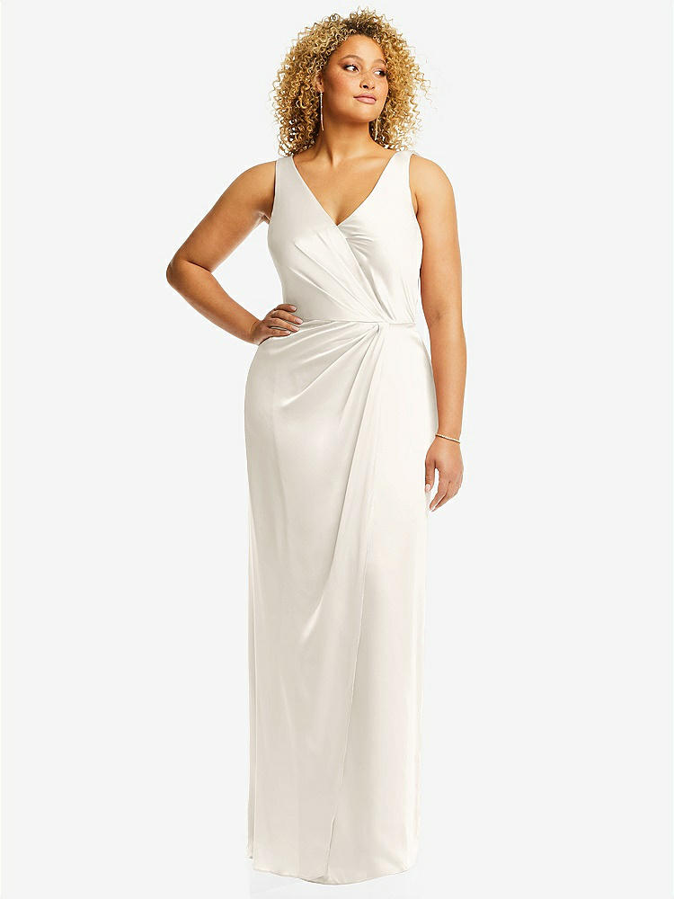 【STYLE: 6864】Faux Wrap Whisper Satin Maxi Dress with Draped Tulip Skirt【COLOR: Ivory】