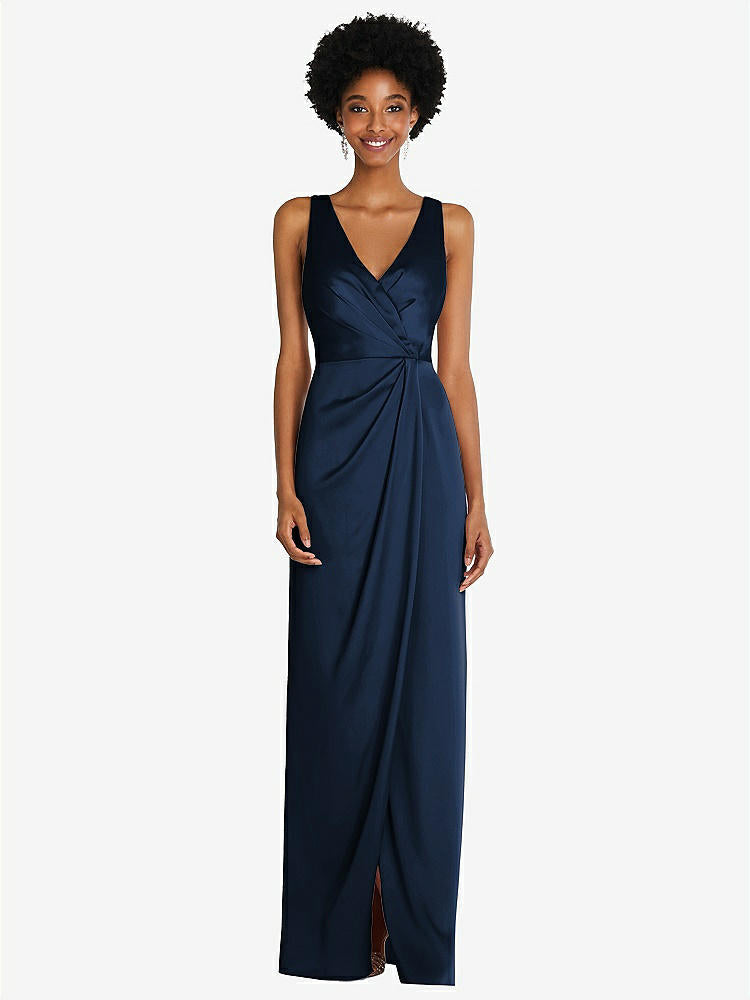 【STYLE: 6864】Faux Wrap Whisper Satin Maxi Dress with Draped Tulip Skirt【COLOR: Midnight Navy】