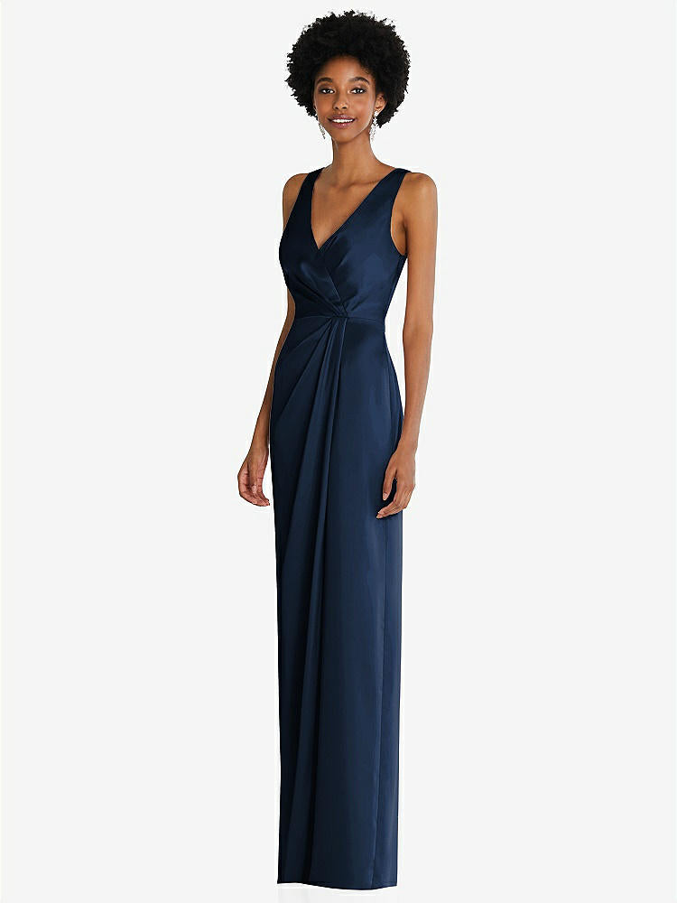 【STYLE: 6864】Faux Wrap Whisper Satin Maxi Dress with Draped Tulip Skirt【COLOR: Midnight Navy】