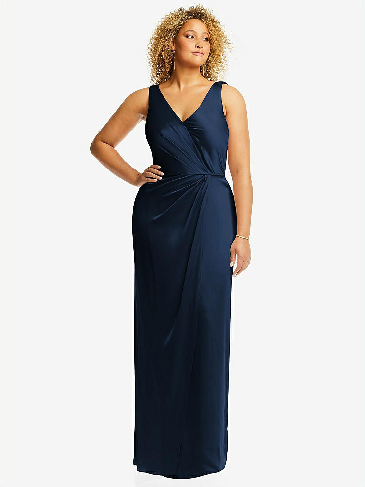【STYLE: 6864】Faux Wrap Whisper Satin Maxi Dress with Draped Tulip Skirt【COLOR: Midnight Navy】