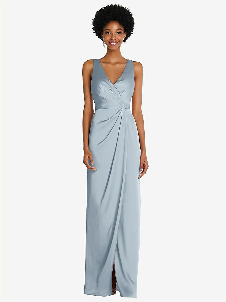 【STYLE: 6864】Faux Wrap Whisper Satin Maxi Dress with Draped Tulip Skirt【COLOR: Mist】