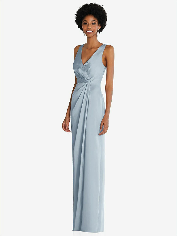 【STYLE: 6864】Faux Wrap Whisper Satin Maxi Dress with Draped Tulip Skirt【COLOR: Mist】