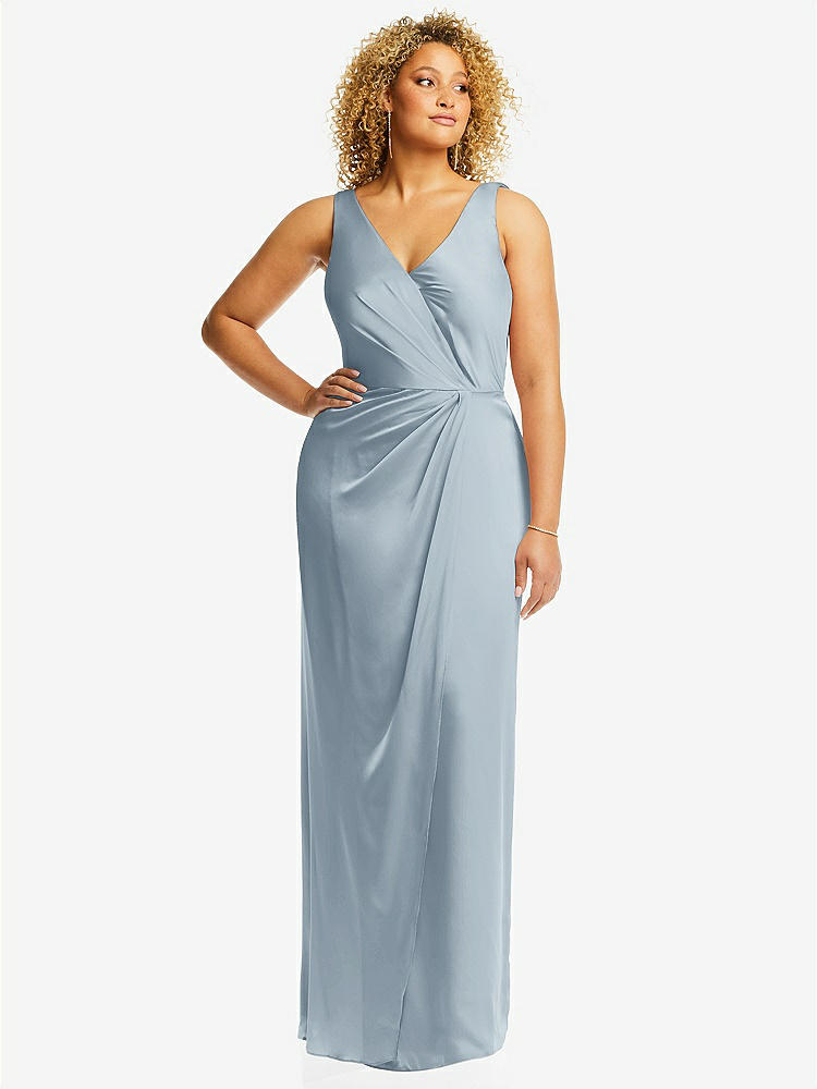 【STYLE: 6864】Faux Wrap Whisper Satin Maxi Dress with Draped Tulip Skirt【COLOR: Mist】