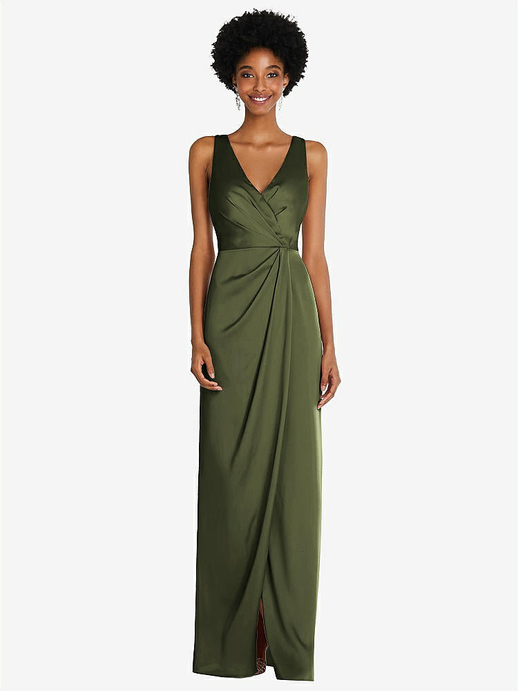 【STYLE: 6864】Faux Wrap Whisper Satin Maxi Dress with Draped Tulip Skirt【COLOR: Olive Green】