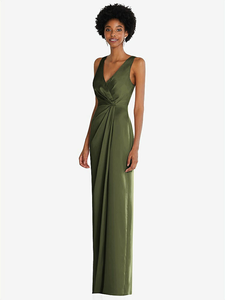 【STYLE: 6864】Faux Wrap Whisper Satin Maxi Dress with Draped Tulip Skirt【COLOR: Olive Green】