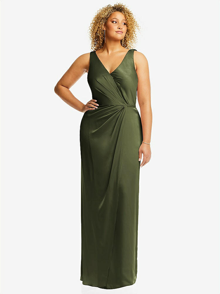 【STYLE: 6864】Faux Wrap Whisper Satin Maxi Dress with Draped Tulip Skirt【COLOR: Olive Green】
