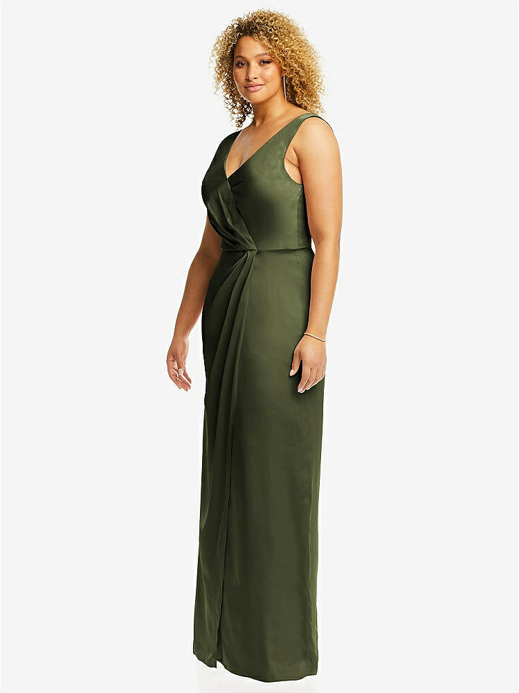 【STYLE: 6864】Faux Wrap Whisper Satin Maxi Dress with Draped Tulip Skirt【COLOR: Olive Green】