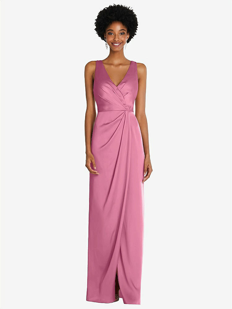 【STYLE: 6864】Faux Wrap Whisper Satin Maxi Dress with Draped Tulip Skirt【COLOR: Orchid Pink】