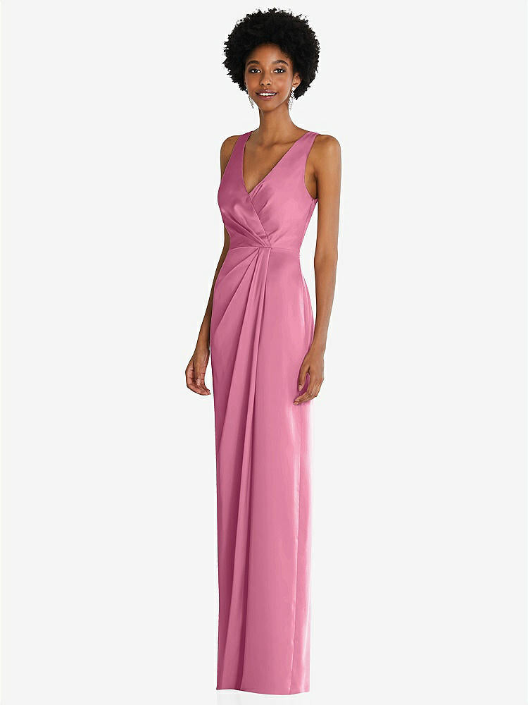 【STYLE: 6864】Faux Wrap Whisper Satin Maxi Dress with Draped Tulip Skirt【COLOR: Orchid Pink】