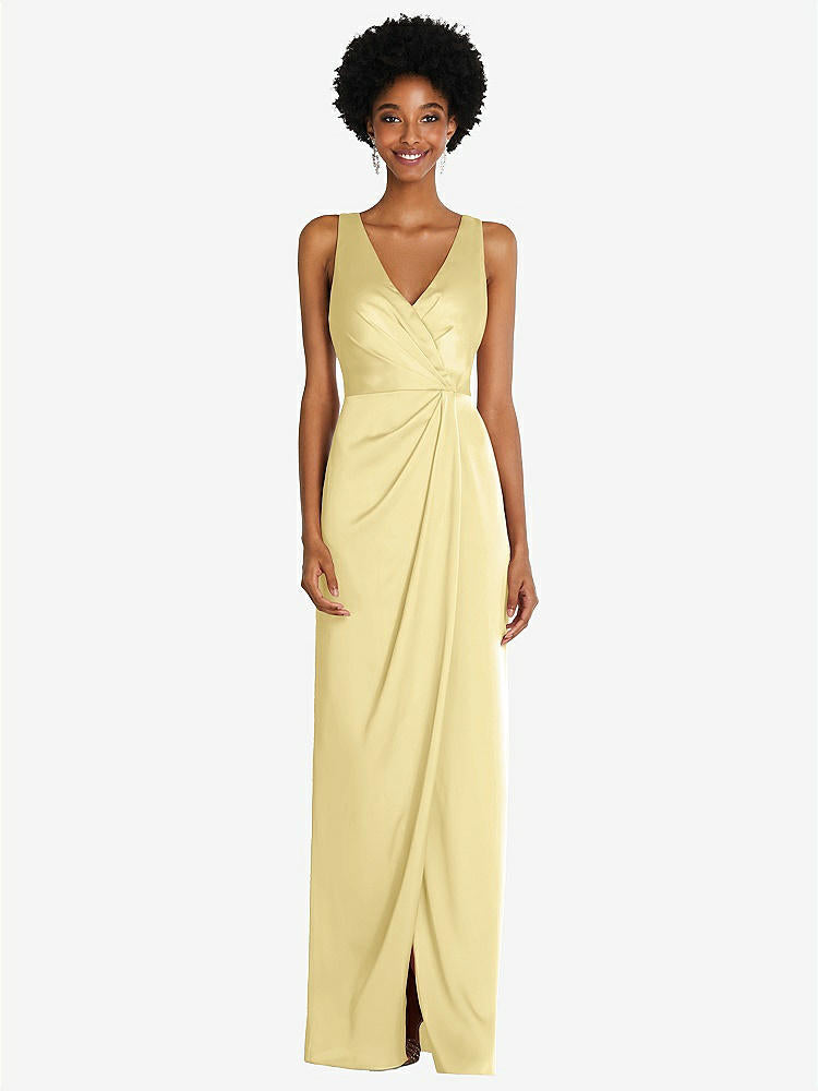 【STYLE: 6864】Faux Wrap Whisper Satin Maxi Dress with Draped Tulip Skirt【COLOR: Pale Yellow】