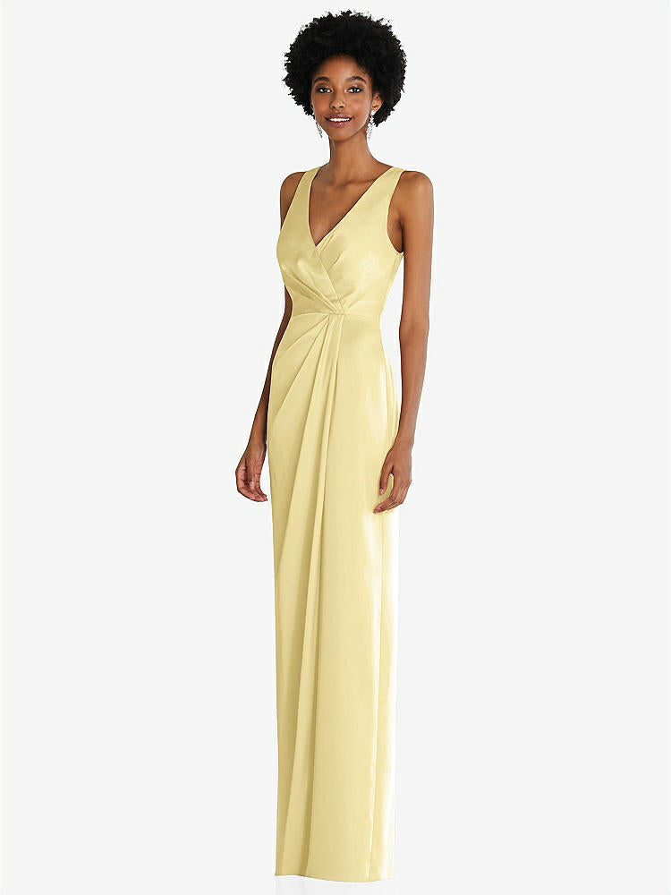 【STYLE: 6864】Faux Wrap Whisper Satin Maxi Dress with Draped Tulip Skirt【COLOR: Pale Yellow】
