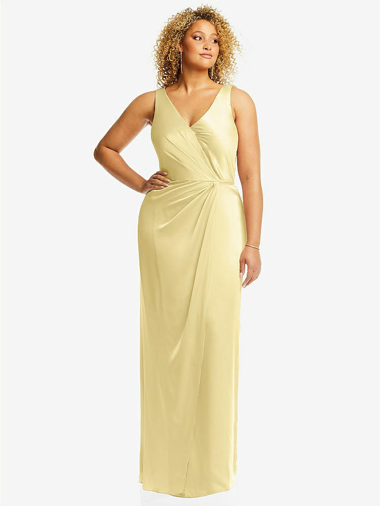 【STYLE: 6864】Faux Wrap Whisper Satin Maxi Dress with Draped Tulip Skirt【COLOR: Pale Yellow】