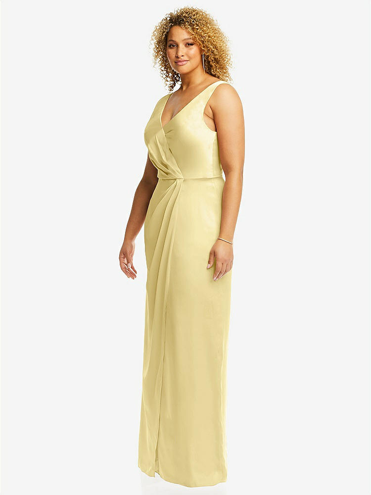 【STYLE: 6864】Faux Wrap Whisper Satin Maxi Dress with Draped Tulip Skirt【COLOR: Pale Yellow】