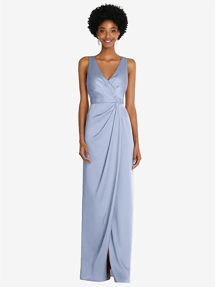 【STYLE: 6864】Faux Wrap Whisper Satin Maxi Dress with Draped Tulip Skirt【COLOR: Sky Blue】