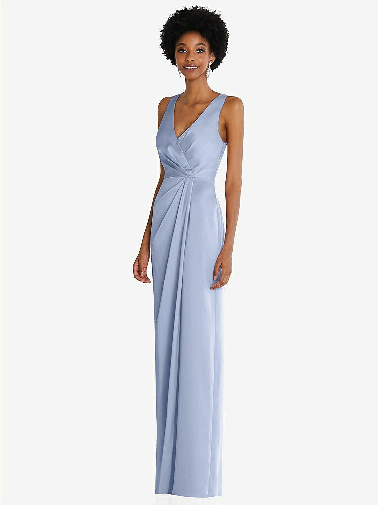 【STYLE: 6864】Faux Wrap Whisper Satin Maxi Dress with Draped Tulip Skirt【COLOR: Sky Blue】