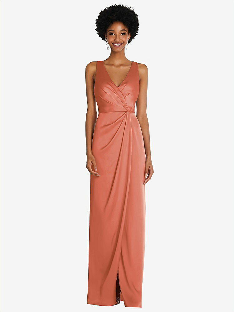【STYLE: 6864】Faux Wrap Whisper Satin Maxi Dress with Draped Tulip Skirt【COLOR: Terracotta Copper】