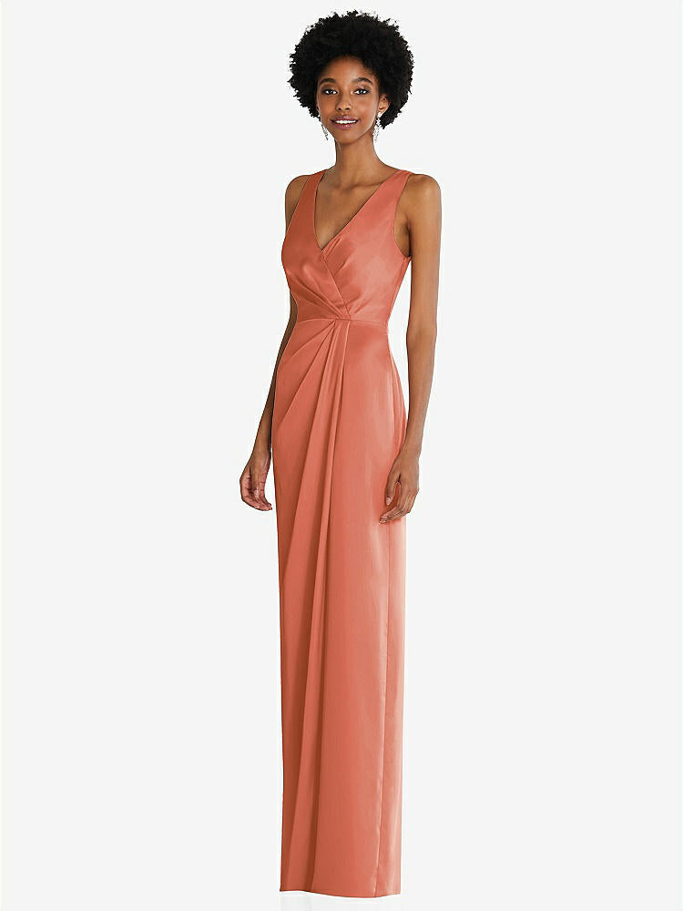 【STYLE: 6864】Faux Wrap Whisper Satin Maxi Dress with Draped Tulip Skirt【COLOR: Terracotta Copper】