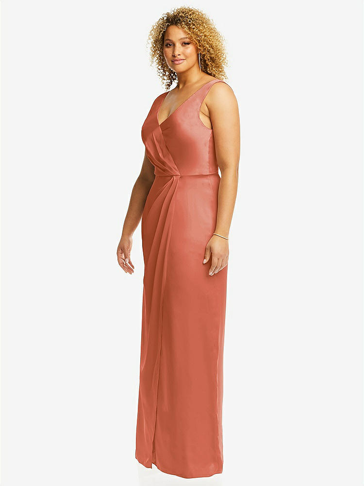 【STYLE: 6864】Faux Wrap Whisper Satin Maxi Dress with Draped Tulip Skirt【COLOR: Terracotta Copper】