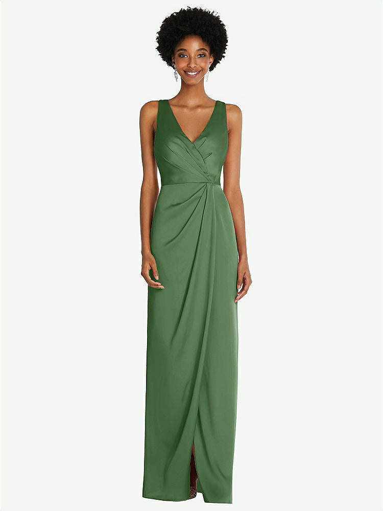 【STYLE: 6864】Faux Wrap Whisper Satin Maxi Dress with Draped Tulip Skirt【COLOR: Vineyard Green】