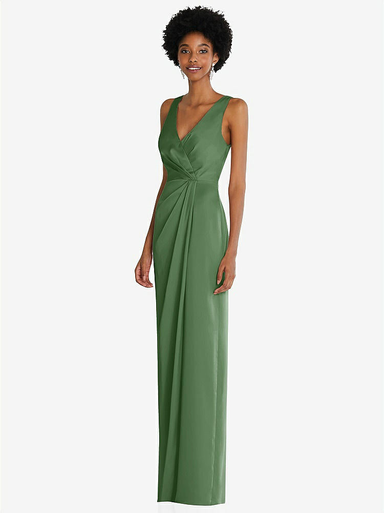 【STYLE: 6864】Faux Wrap Whisper Satin Maxi Dress with Draped Tulip Skirt【COLOR: Vineyard Green】