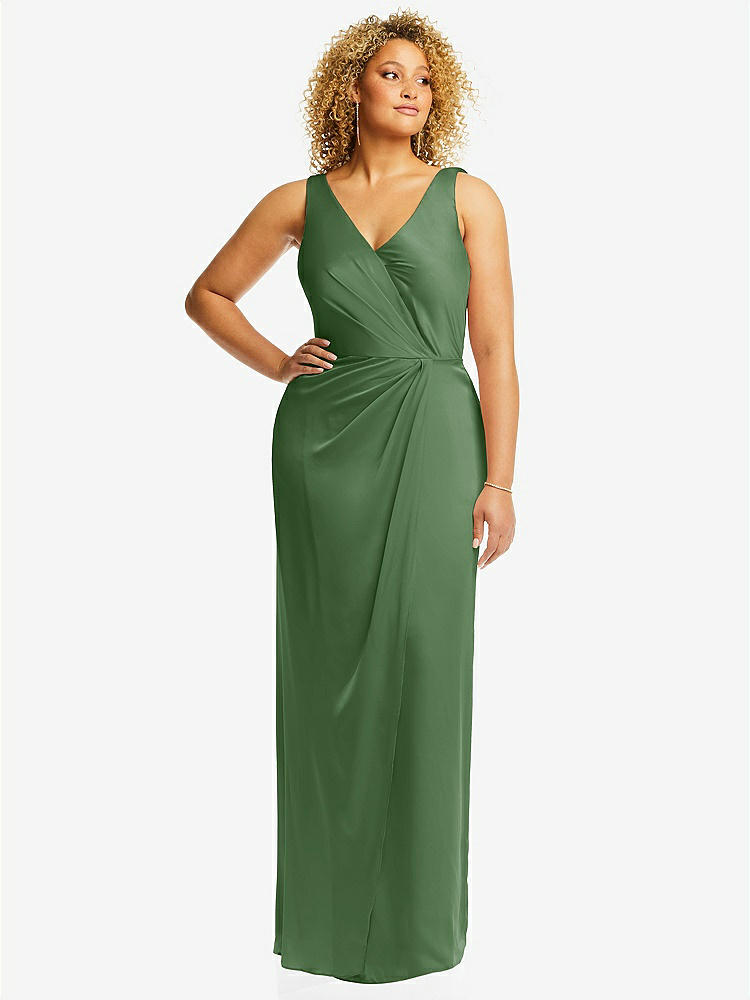 【STYLE: 6864】Faux Wrap Whisper Satin Maxi Dress with Draped Tulip Skirt【COLOR: Vineyard Green】