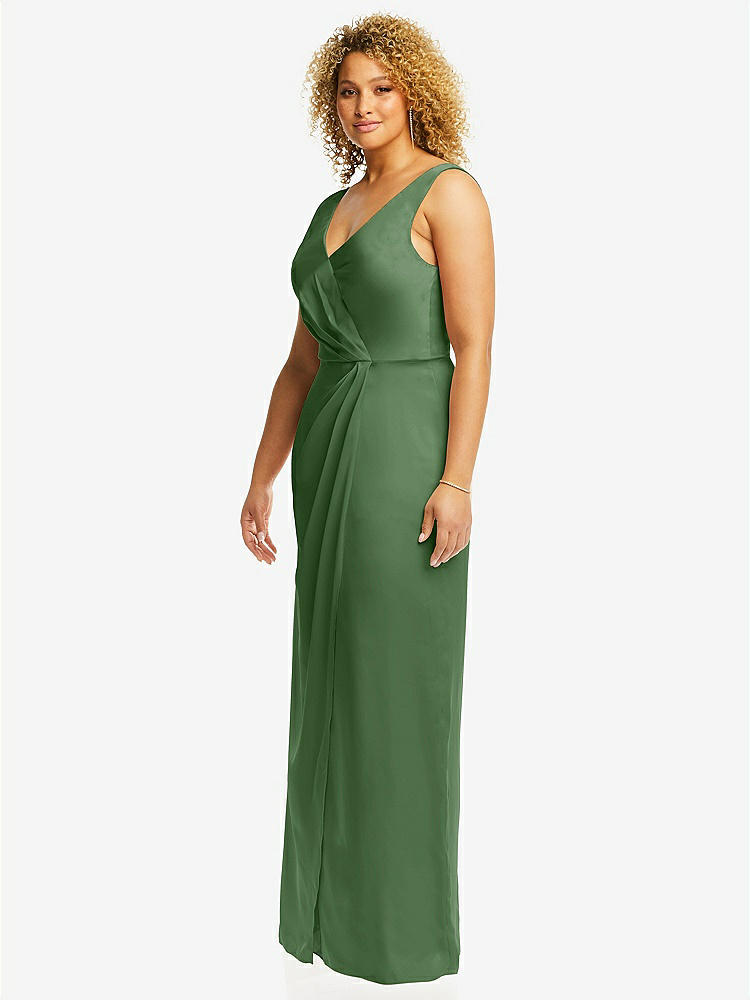 【STYLE: 6864】Faux Wrap Whisper Satin Maxi Dress with Draped Tulip Skirt【COLOR: Vineyard Green】