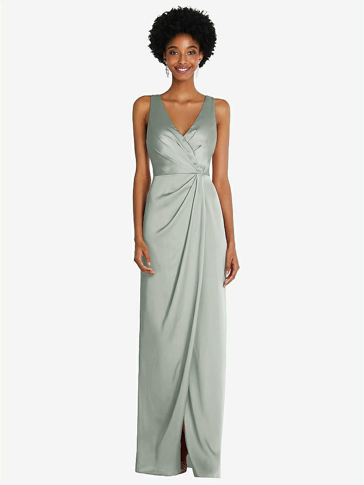 【STYLE: 6864】Faux Wrap Whisper Satin Maxi Dress with Draped Tulip Skirt【COLOR: Willow Green】