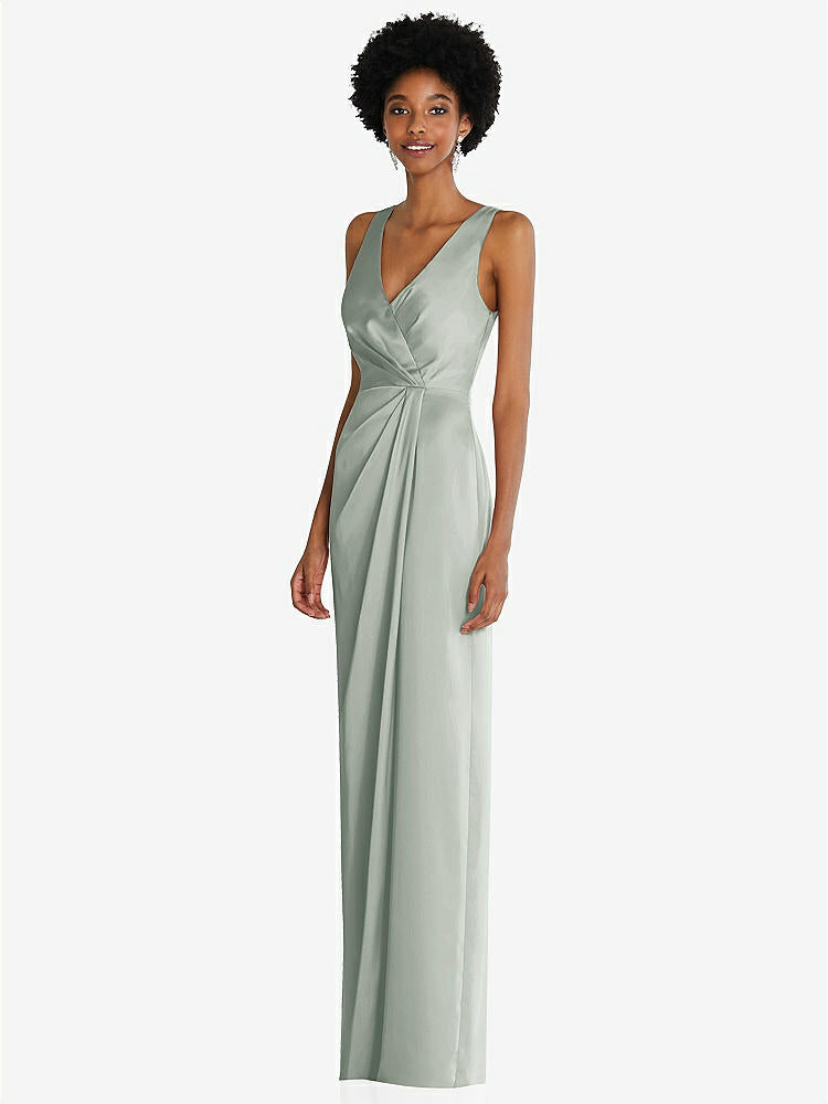 【STYLE: 6864】Faux Wrap Whisper Satin Maxi Dress with Draped Tulip Skirt【COLOR: Willow Green】