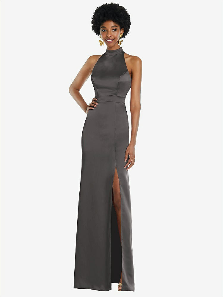 【NEW】【STYLE: LB037】高 首 バックレス マキシ ドレス スリム ベルト【COLOR: Caviar Gray】【SIZE: 00-30W】