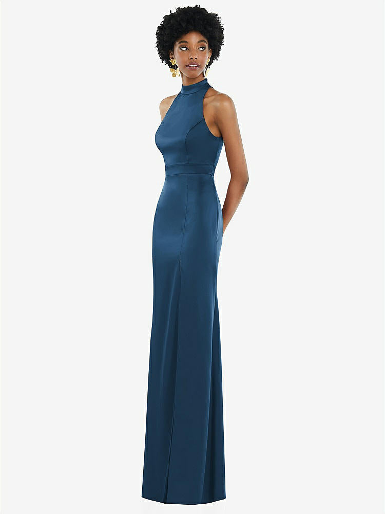 【STYLE: LB037】High Neck Backless Maxi Dress with Slim Belt【COLOR: Dusk Blue】