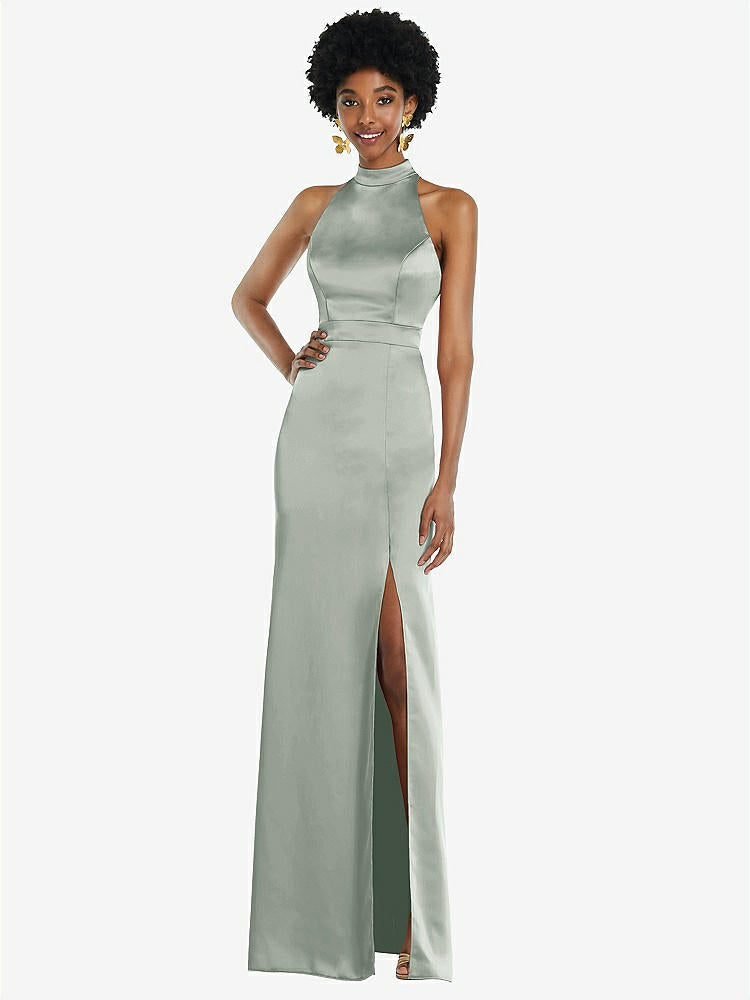 【STYLE: LB037】High Neck Backless Maxi Dress with Slim Belt【COLOR: Willow Green】